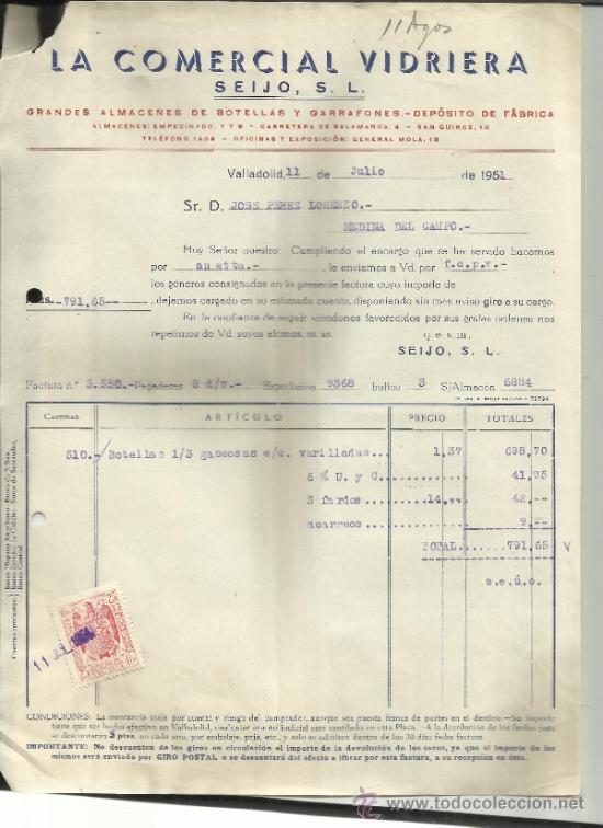 Old Invoices: FACTURA DE SEIJO, S.L. LA COMERCIAL VIDRIERA. VALLADOLID. 1951
