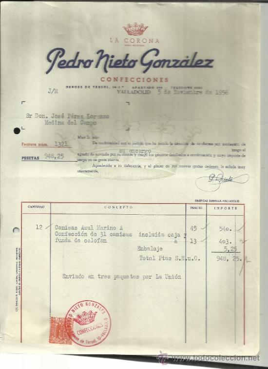 Old Invoices: FACTURA DE PEDRO NIETO GONZ&Aacute;LEZ. CONFECCIONES.VALLADOLID. 1956