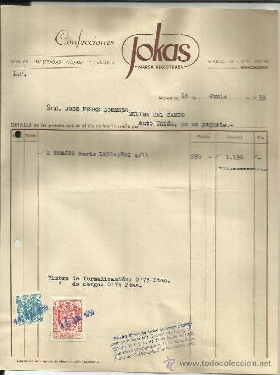 Old Invoices: FACTURA DE CONFECCIONES JOKAS. BARCELONA. 1959