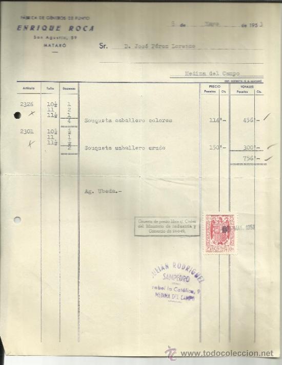 Old Invoices: FACTURA DE ENRIQUE ROCA. F&Aacute;BRICA DE G&Eacute;NEROS DE PUNTO. MATAR&Oacute;. BARCELONA. 1953