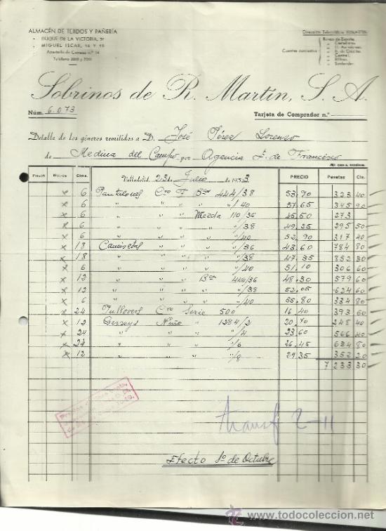 Old Invoices: FACTURA DE SOBRINOS DE R. MART&Iacute;N, S.A. VALLADOLID. 1953