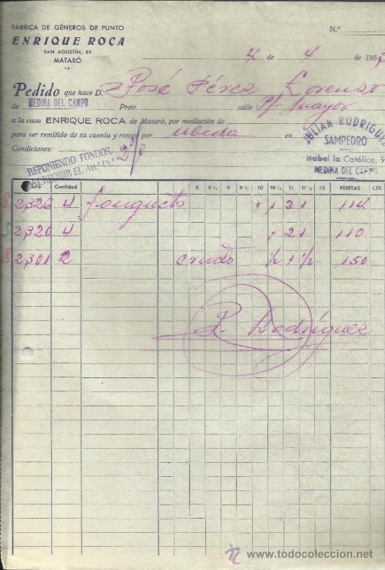 Old Invoices: FACTURA DE ENRIQUE ROCA. F&Aacute;BRICA DE G&Eacute;NEROS DE PUNTO. MATAR&Oacute;. BARCELONA. 1953
