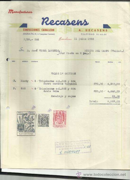 Old Invoices: FACTURA DE RECASENS. CONFECCIONES CABALLERO. BARCELONA. 1955