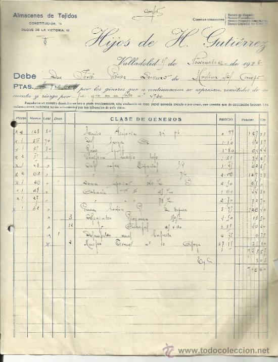 Old Invoices: FACTURA DE HIJOS DE H. GUTI&Eacute;RREZ. ALMACENES DE TEJIDOS. VALLADOLID. 1928
