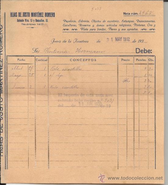 Facturas antiguas: FACTURA DE HIJAS DE JUSTO MART&Iacute;NEZ ROMERO. JEREZ DE LA FRONTERA. C&Aacute;DIZ. 1932