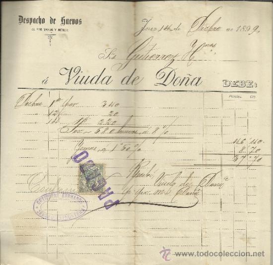 Facturas antiguas: FACTURA DE VIUDA DE DO&Ntilde;A. DESPACHO DE HUEVOS. JEREZ DE LA FRONTERA. C&Aacute;DIZ. 1899