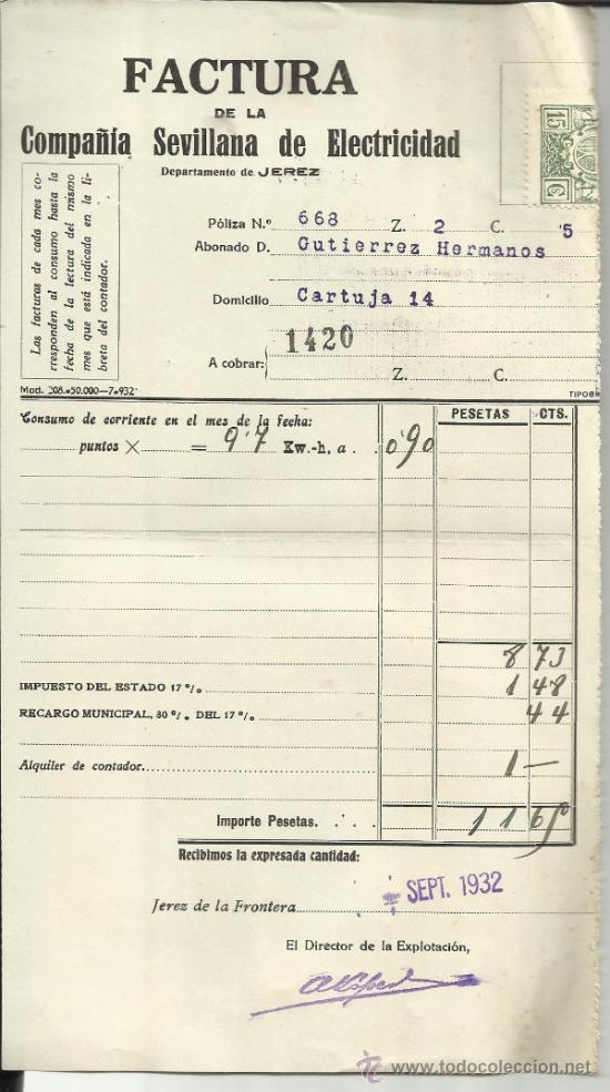 Fatture antiche: FACTURA DE LA COMPA&Ntilde;IA SEVILLANA DE ELECTRICIDAD. JEREZ DE LA FRONTERA. C&Aacute;DIZ. 1932