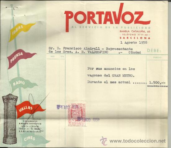 Fatture antiche: FACTURA DE PORTAVOZ. PUBLICIDAD EN EL TIBID&Aacute;BO. BARCELONA. 1958