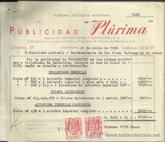 Fatture antiche: FACTURA DE PUBLICIDAD &rdquo;PL&Uacute;RIMA&rdquo;. AGENCIA DE URBANIZACIONES Y TRANSPORTES S.A. BARCELONA. 1958