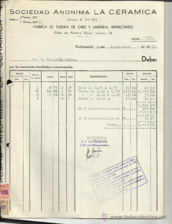 Fatture antiche: FACTURA DE SOCIEDAD AN&Oacute;NIMA LA CER&Aacute;MICA. F&Aacute;BRICA DE GRES Y MATERIAL REFRACTARIO. VALLADOLID. 1952