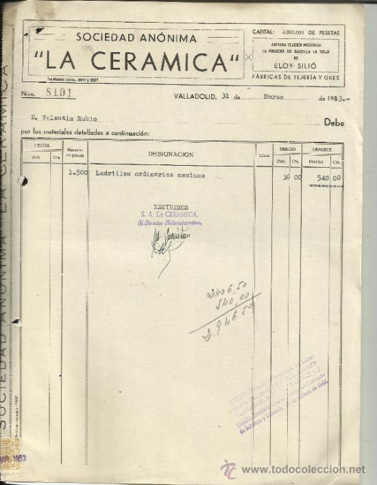Fatture antiche: FACTURA DE SOCIEDAD AN&Oacute;NIMA LA CER&Aacute;MICA.  1953