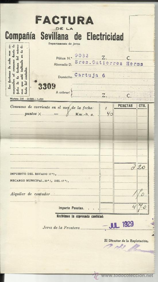 Fatture antiche: FACTURA DE LA COMPA&Ntilde;&Iacute;A SEVILLANA DE ELECTRICIDAD. JEREZ DE LA FRONTERA. C&Aacute;DIZ. 1929