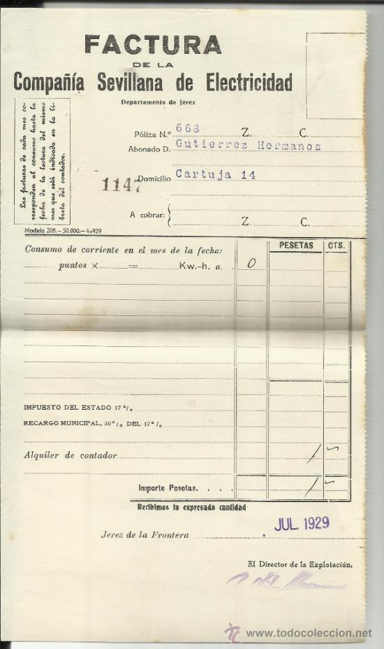 Fatture antiche: FACTURA DE LA COMPA&Ntilde;&Iacute;A SEVILLANA DE ELECTRICIDAD. JEREZ DE LA FRONTERA. C&Aacute;DIZ. 1929