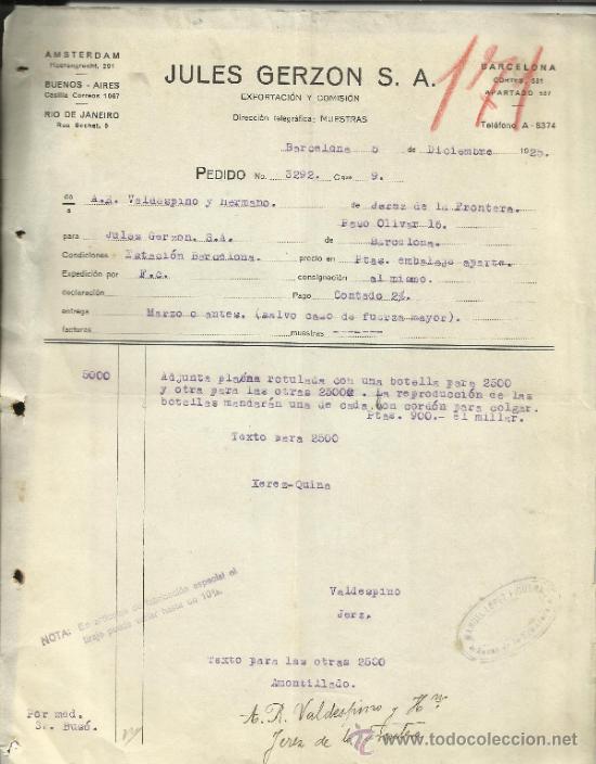 Facturas antiguas: FACTURA DE JULES GERZON S.A. EXPORTACI&Oacute;N Y COMISI&Oacute;N. BARCELONA. 1925