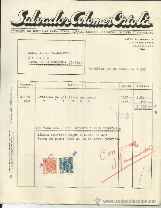 Fatture antiche: FACTURA DE SALVADOR COLOMER ORTOL&Aacute;. ALMAC&Eacute;N DE BOTELLAS PARA VINOS. VALENCIA. 1955