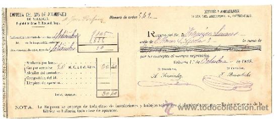 Facturas antiguas: Valencia. Recib&iacute; de alumbrado de 1888 - Foto 1
