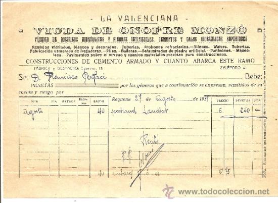 Facturas antiguas: Valencia. La Valenciana. Viuda de Onofre Monz&oacute;. Azulejos, mosaicos,etc. 1933
