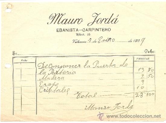 Facturas antiguas: Valencia. Ebanista Mauro Jord&aacute;. 1929