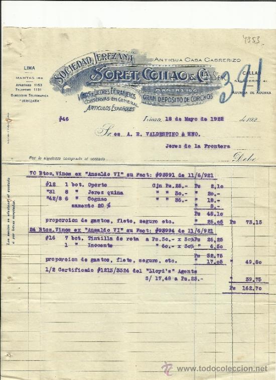 Fatture antiche: FACTURA DE SORET, COLLAO & CIA. SOCIEDAD JEREZANA. ANTIGUA CASA CABRERIZO. LIMA. PER&Uacute;. 1922