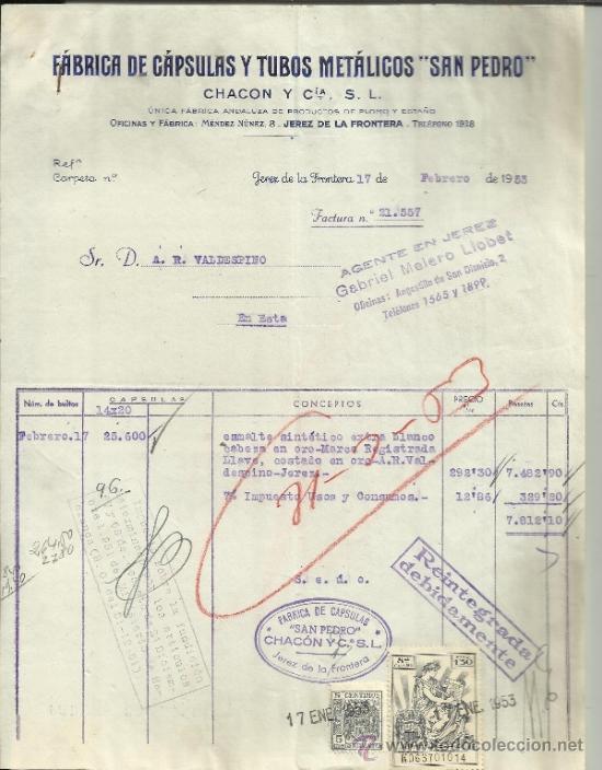 Fatture antiche: FACTURA DE CHAC&Oacute;N Y CIA. F&Aacute;BRICA DE C&Aacute;PSULAS Y TUBOS MET&Aacute;LICOS SAN PEDRO. JEREZ. C&Aacute;DIZ. 1953