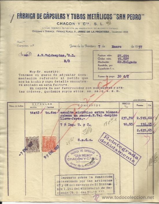 Fatture antiche: FACTURA DE CHAC&Oacute;N Y CIA. F&Aacute;BRICA DE C&Aacute;PSULAS Y TUBOS MET&Aacute;LICOS SAN PEDRO. JEREZ. C&Aacute;DIZ. 1953
