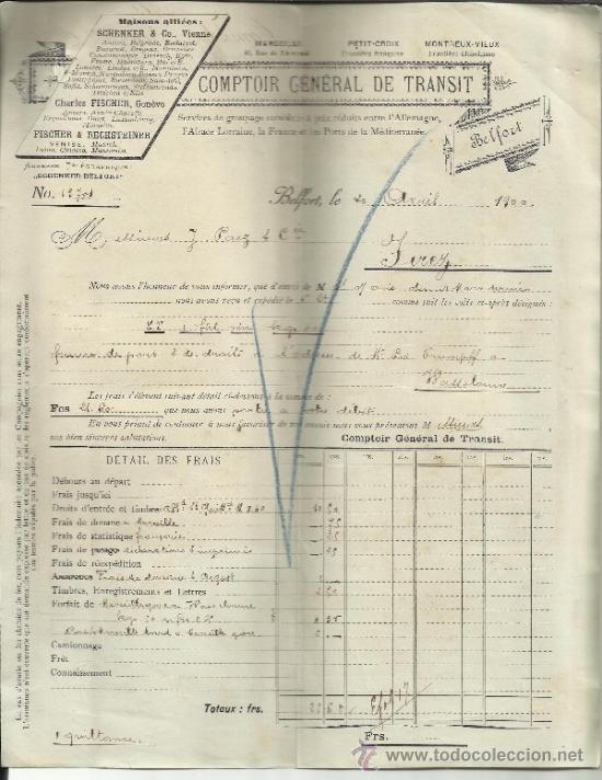 Fatture antiche: FACTURA DE CONTADOR GENERAL DE TR&Aacute;NSITO. SCHENKER & CO. VIENNE. BELFORT. FRANCIA. 1900