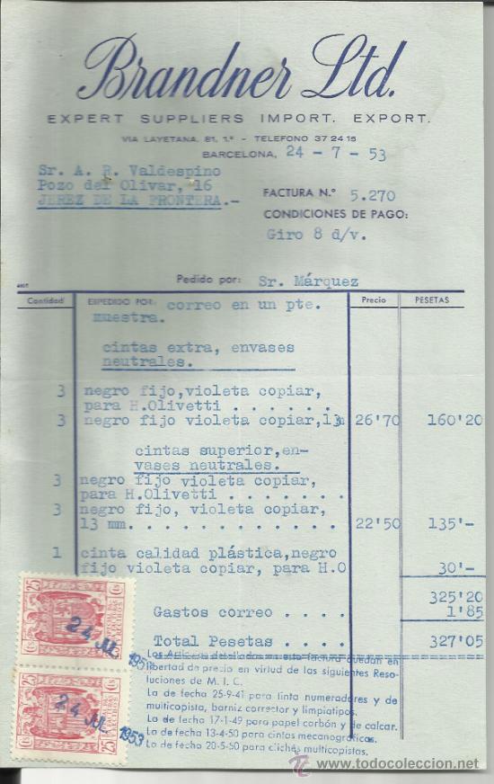 Factures anciennes: FACTURA DE BRANDNER LTD. BARCELONA. 1953