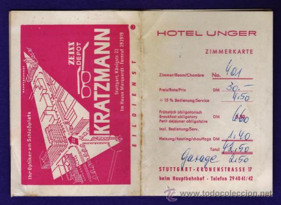 Facturas antiguas: tarjeta factura habitacion - hotel unger / stuttgart / alemania - con plano interior -a&ntilde;os 60