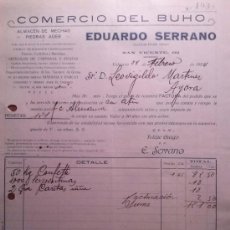 Facturas antiguas: COMERCIO DEL BUHO ALMACEN DE MECHAS Y ARTICULOS DE CARNAVAL VALENCIA 1924. Lote 39269677