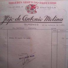 Facturas antiguas: HIJO DE ANTONIO MOLINA TALLERES GRAFICOS PAPELERIA ALMANSA ALBACETE 1950