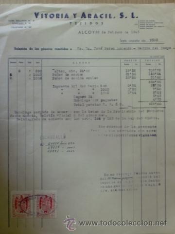 Alte Rechnungen: FACTURA DE VITORIA Y ARACIL, S. L. TEJIDOS ALCOY. ALCOY, ALICANTE. FEBRERO 1945.