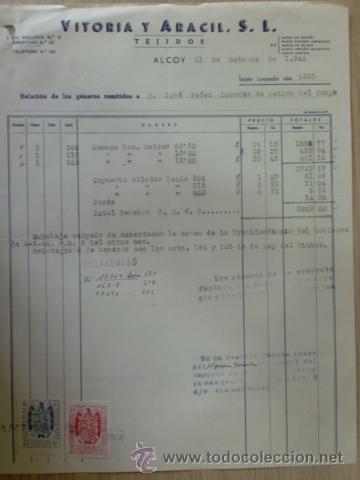 Alte Rechnungen: FACTURA DE VITORIA Y ARACIL, S. L. TEJIDOS ALCOY. ALCOY, ALICANTE. OCTUBRE 1946.