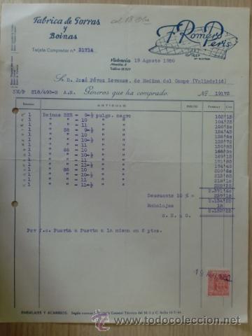 Alte Rechnungen: FACTURA DE F. ROMERO PERIS. FABRICA DE GORRAS Y BOINAS. VALENCIA. AGOSTO 1950.