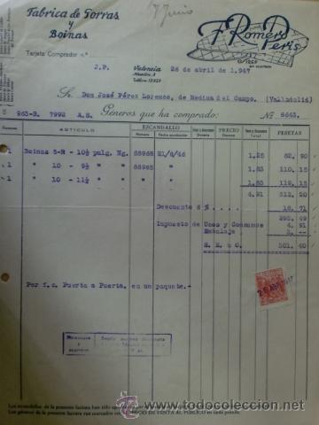 Alte Rechnungen: FACTURA DE F. ROMERO PERIS. FABRICA DE GORRAS Y BOINAS. VALENCIA. ABRIL 1947.
