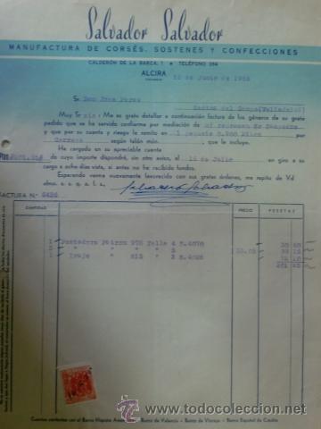 Factures anciennes: FACTURA DE SALVADOR SALVADOR. MANUFACTURA DE CORSES Y CONFECCIONES. ALCIRA, VALENCIA. JUNIO 1955.