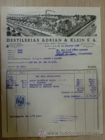 Factures anciennes: FACTURA DE DESTILERIAS ADRIAN Y KLEIN, S. A. BENICARLO, CASTELLON. FEBREO 1953.