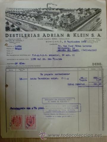 Factures anciennes: FACTURA DE DESTILERIAS ADRIAN Y KLEIN, S. A. BENICARLO, CASTELLON. SEPTIEMBRE 1952.