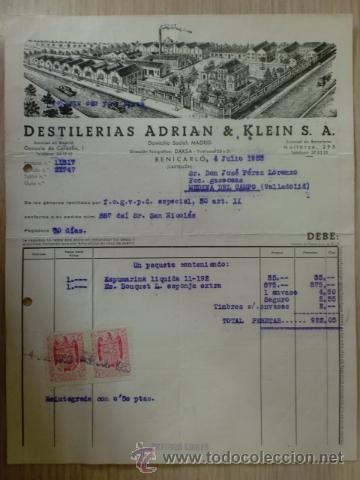 Factures anciennes: FACTURA DE DESTILERIAS ADRIAN Y KLEIN, S. A. BENICARLO, CASTELLON. JULIO 1955.