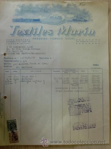 Factures anciennes: FACTURA DE TEXTILES MARIN. PA&Ntilde;ERIAS, FORROS, SEDAS. TUDELA, NAVARRA. NOVIEMBRE 1948..