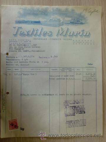 Factures anciennes: FACTURA DE TEXTILES MARIN. PA&Ntilde;ERIAS, FORROS, SEDAS. TUDELA, NAVARRA. SEPTIEMBRE 1948.