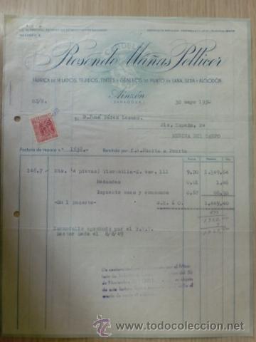 Factures anciennes: FACTURA DE ROSENDO MA&Ntilde;AS PELLICER. FABRICA DE HILADOS. AINZON, ZARAGOZA. MAYO 1950.
