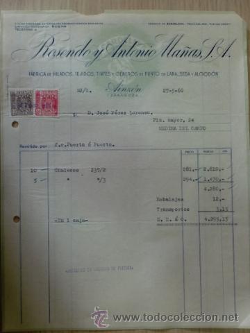 Factures anciennes: FACTURA DE ROSENDO MA&Ntilde;AS PELLICER. FABRICA DE HILADOS. AINZON, ZARAGOZA. MAYO 1960.