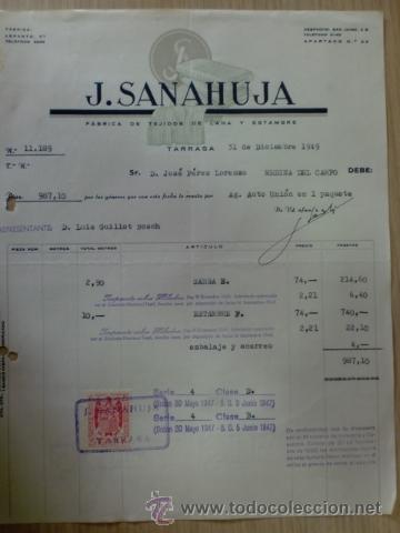 Factures anciennes: FACTURA DE J. SANAHUJA. FABRICA DE TEJIDOS DE LANA. TARRASA, BARCELONA. DICIEMBRE 1949.