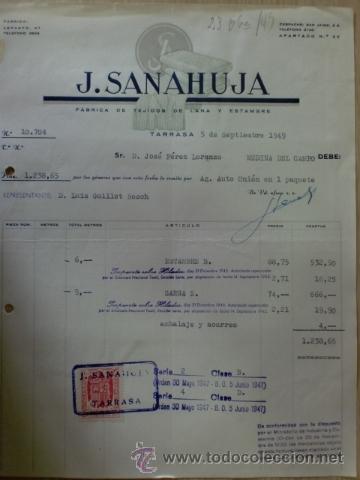 Factures anciennes: FACTURA DE J. SANAHUJA. FABRICA DE TEJIDOS DE LANA. TARRASA, BARCELONA. SEPTIEMBRE 1949.