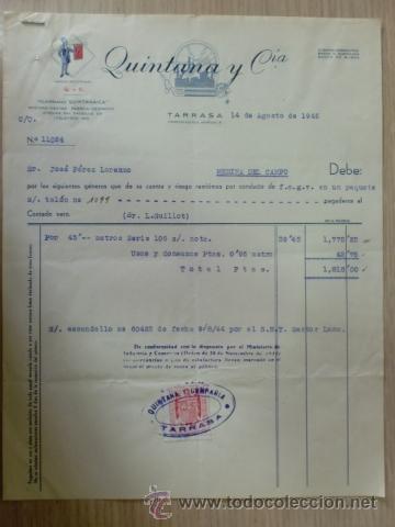 Factures anciennes: FACTURA DE QUINTANA Y CIA. MARCAS REGISTRADAS. TARRASA, BARCELONA. AGOSTO 1945.