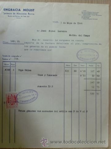 Factures anciennes: FACTURA DE ENGRACIA MOLIST. SUCESORA DE ALMACENES ROVIRA. VICH, BARCELONA. MAYO 1946.