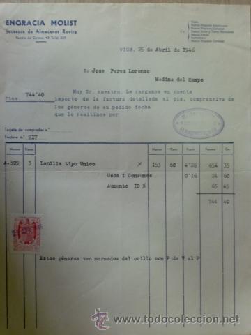 Factures anciennes: FACTURA DE ENGRACIA MOLIST. SUCESORA DE ALMACENES ROVIRA. VICH, BARCELONA. ABRIL 1946.
