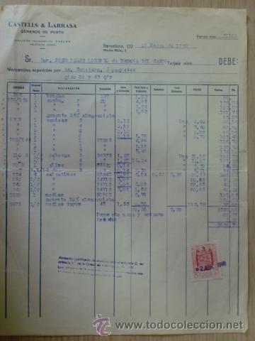 Factures anciennes: FACTURA DE CASTELLS Y LARRASA. GENEROS DE PUNTO. BARCELONA. MARZO 1946.