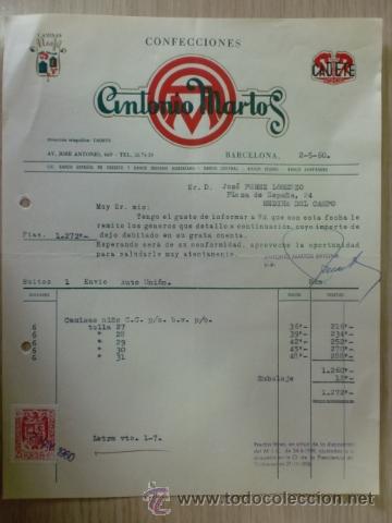 Factures anciennes: FACTURA DE ANTONIO MARTOS. CONFECCIONES. BARCELONA. MAYO 1960.