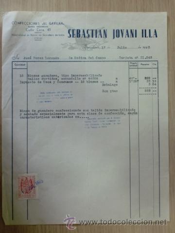 Factures anciennes: FACTURA DE SEBASTIAN JOVANI ILLA. CONFECCIONES EL GAVILAN. BARCELONA. JULIO 1945.